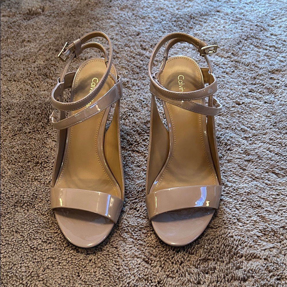 Calvin Klein Nude Patent Leather Strappy Heels